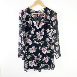 Daniel Rainn Women Floral Long Sleeve Romper Small One Piece Black Pink Tropical